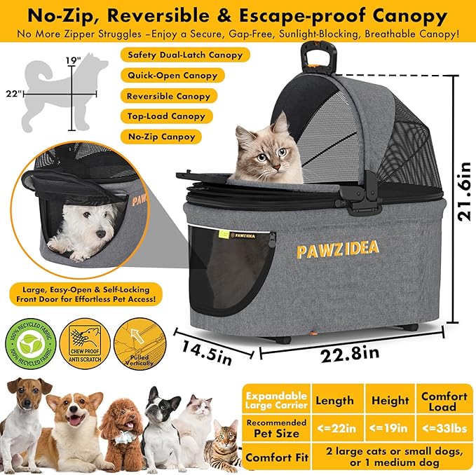 PAWZIDEA Portable Small Dog Crate for Car Travel up 33lbs, Enclosed Dog Car Seat Soft-Sided, Escape-Proof Reversible No-Zip Canopy, Foldable Pet Carrier Seatbelt for Small Medium Puppies & Cats Kennel