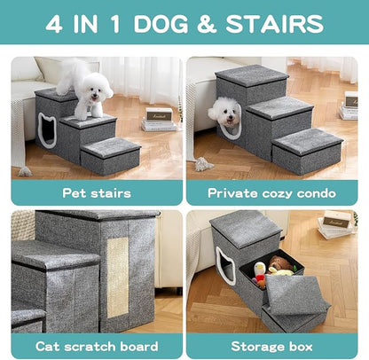 Dog Stairs for Small Dogs, 3-Step Non-Slip Pet Stairs for Cats, Small Dog Steps with Storage and Condo, Indoor Cat Steps for Older Cats, Arthritis-Friendly, Grey