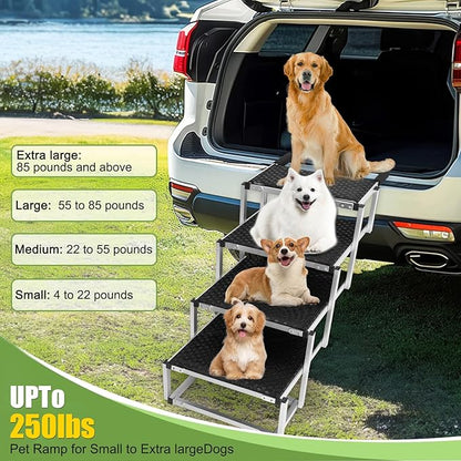 Foldable Dog Stairs with Non-Slip Surface - Portable Aluminum Dog Steps for Trucks, SUVs & Cars - 4 Steps