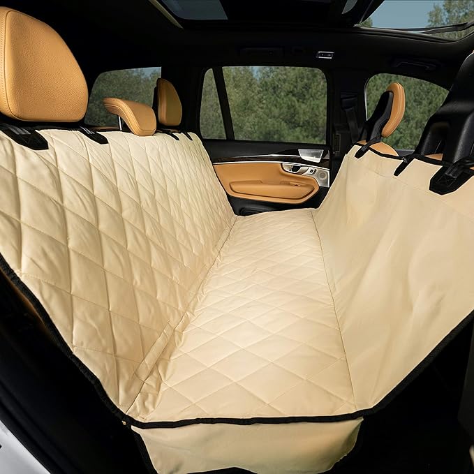Plush Paws Products Premium Rear Car Seat Protector w/Hammock | Washable & Waterproof Back Seat Dog Cover for Car, Truck, & SUV | Nonslip, Tear Resistant Pet Seat Cover | X-Large Tan