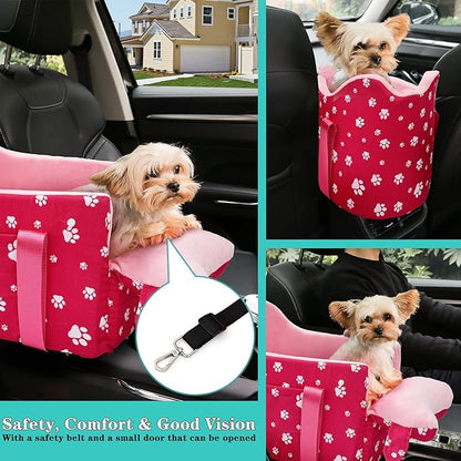 Cullaby Center Console Dog Car Seat for Small Dogs Under 15 lbs - Detachable Washable Carrier with Safety Belt & Storage Pockets, Pink