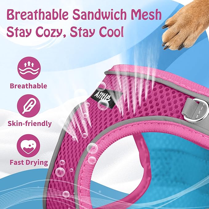 AIITLE Escape Proof Dog Harness - Step in Adjustable Dog Harness No Choke Over with Breathable Mesh and Quick-Release Buckle for All Weather- Outdoor Walking, Training for Medium Dogs Hot Pink XL
