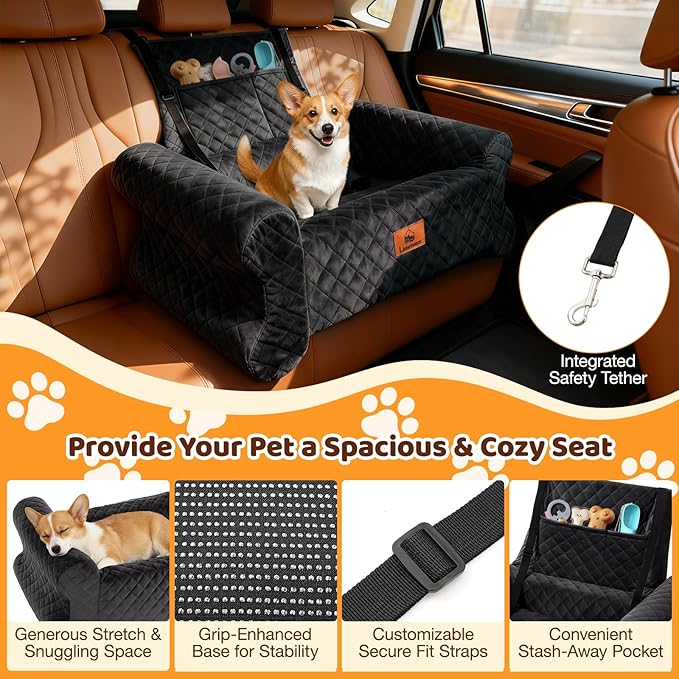 Dog Car Seat for Medium/Large Dogs up to 60 lbs, Memory Foam Dog Booster Seat with Thick Cushion, Pet Car Seat for Back with Detachable Washable Cover, Storage Pockets for SUV, Pick Up, Trunk, Black