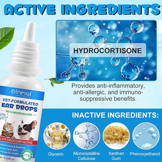 Ear Infection Treatment Drops for Dogs and Cats, Pets Ear Cleaning Solution Drops with 1% Hydrocortisone Soothing Dog Yeast Infection, Itchy Ear Relief, Pet Ear Care Supplies for Dogs & Cats - 2 fl oz