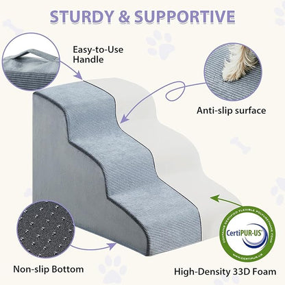 Dog Stairs for Small Dogs, 3-Steps Dog Ramp for Bed and Couch, Pet Stairs with Highly Supportive Foam and Non-Slip Bottom, Dogs Steps for Cat & Doggie (High 15.7 Inch)