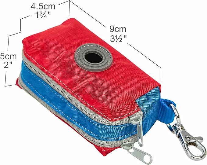 Blueberry Style Dog Waste Bag Dispenser, True Red, Color-Block Trash Bag Dispenser with 2 Auto Locking Zipper, Dog Poop Bag Holder Leash Attachment, Includes 1 Roll of Free Poop Bags