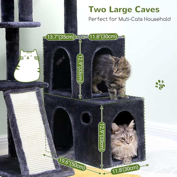 Globlazer Cat Tower for Indoor Adult Cats, 50-inch Heavy Duty Cat Tree House for Big Cats with Extra-Large Padded Platform, Sisal Scratching Board, 2 Large Condos, F50, Dark Grey