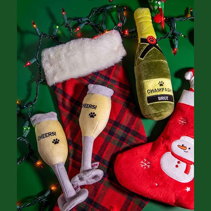 Glow Pups Plush Champagne Dog Toy with Squeaker, Fun Alcohol Parody, Soft Cotton, Machine Washable, Interactive Playtime Dogs - Multicolor (2 Pack of Champagne Glasses)