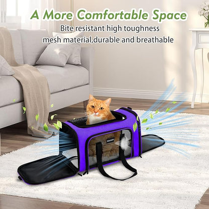 Soundy Large Cat Carrier Dog Carrier Under 25 Lbs,Collapsible Ventilated Portable Pet Bag with Soft Sided Breathable Mesh for Long Car Trips Maxi Load 2 Kittens or Small, Medium Dog (Large Purple)