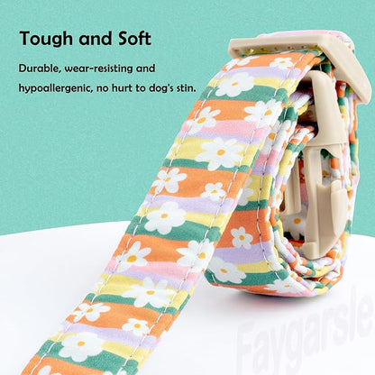 Faygarsle Colorful Floral Dog Collar, Cotton Fabric with Daisy Pattern, Multi-Color Stripes Spring Summer Design for Small Medium Large Dogs M