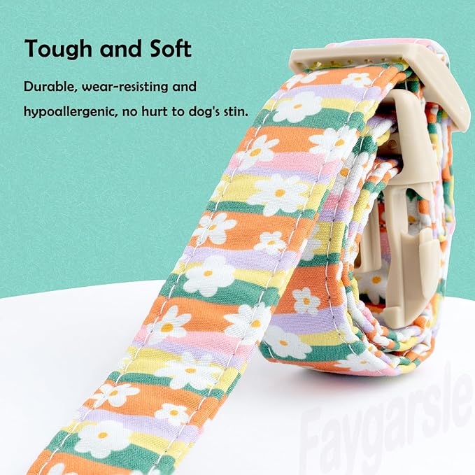 Faygarsle Colorful Floral Dog Collar, Cotton Fabric with Daisy Pattern, Multi-Color Stripes Spring Summer Design for Small Medium Large Dogs L