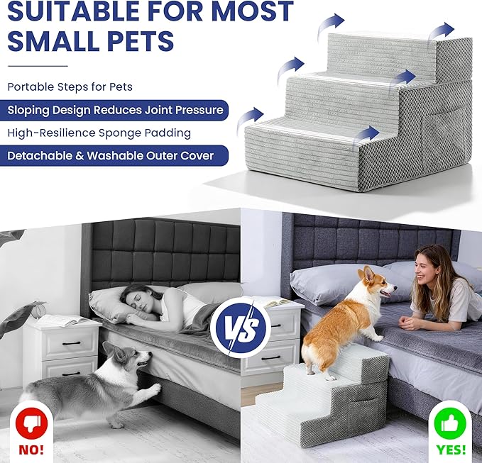 Dog Stairs for Small Dogs, 3-Step Dog Ramp for Bed 13.7" H, Dogs Steps for Bed, Couch, Pet Stairs with Non-Slip Bottom Design,High Density Foam Portable Pet Steps, Light Grey