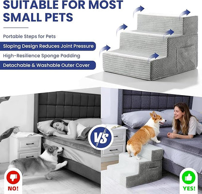 Dog Stairs for Small Dogs, 3-Step Dog Ramp for Bed 13.7" H, Dogs Steps for Bed, Couch, Pet Stairs with Non-Slip Bottom Design,High Density Foam Portable Pet Steps, Light Grey