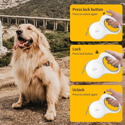 16Ft Retractable Dog Leash for Small, Medium & Large Dogs with One-Hand Brake Lock, Ergonomic Comfort Grip Handle, 360° Tangle-Free Swivel and Strong Nylon Tape (White)