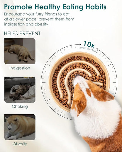 vancasso Slow Feeder Dog Bowl, 1.5 Cup Ceramic Slow Feeding Food Dish for Small and Medium Breed, Puzzle Dog Food Bowl for Fast Eater, Brown