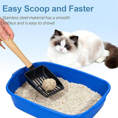 Cat Litter Scoop, Metal Litter Scoop, Heavy Duty Metal Cat Scooper for Litter Box, Black Sifter Scoop for Pellets, Wooden Handle Scoop with Hole, Kitty Necessity (Long)