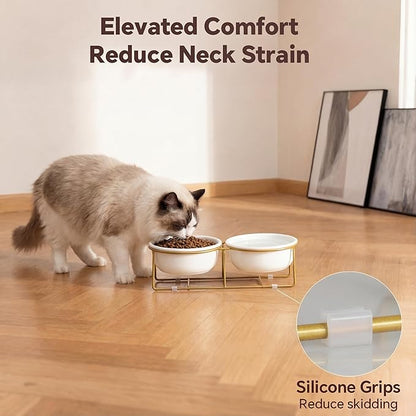 Elevated Dog Bowls for Food and Water - Double Ceramic Bowls with Metal Stand - Pet Feeding Set for Small Dogs and Cats - Each Holds 400ml / 2 Cups (Approx. 200g) - White