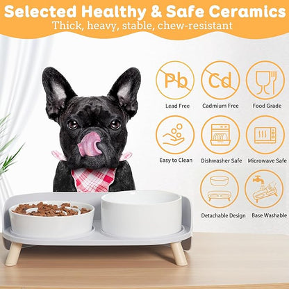 Elevated Slow Feeder Dog Bowls - Ceramic Food and Water Bowl Set with Stand - Raised Pet Dishes for Small and Medium Sized Dogs