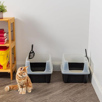 IRIS USA Large Open Top Cat Litter Box with High Sided Walls Tall Scatter Shield Scoop Included Easy Clean Plastic Pan Stain Resistant for Cats Kittens Indoor Multi-Cat Households 2-Pack Black