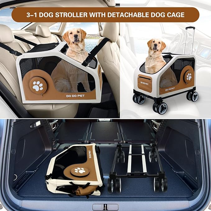 3-1 Dog Stroller for Medium Dogs,Collapsible Soft Dog Travel Crate with Metal Frame for Car Travel,Pet Stroller with Removable Carrier for Pets Up to70LBS(Brown)