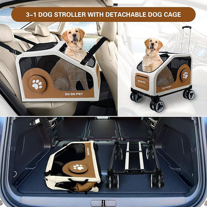 3-1 Dog Stroller for Medium Dogs,Collapsible Soft Dog Travel Crate with Metal Frame for Car Travel,Pet Stroller with Removable Carrier for Pets Up to70LBS(Brown)