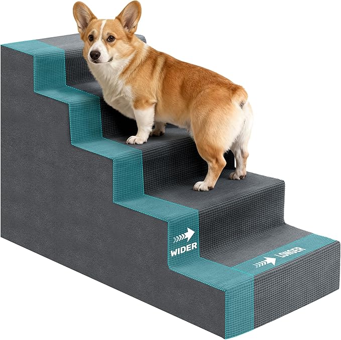 Dog Stairs for Bed, Extra Wide 5-Step Dog Steps for High Bed, High-Density Foam Pet Stairs with Non-Slip Removable Washable Cover for Small Pets, 23" H, Grey