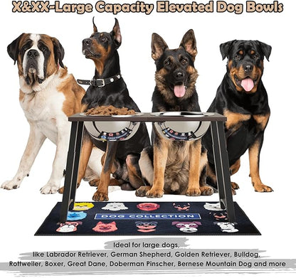 Elevated Dog Bowls for Large and X-Large Dogs, with Spill Proof Mat, 4 Heights Adjustable Wood Raised Dog Bowl Stand with Two Stainless Steel Food and Water Bowls, Non-Slip