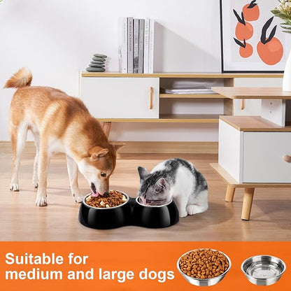 Double Dog Bowls Set – Non-Slip Pet Food & Water Dishes with Resin Stand, Includes Small (1 Cup) & Medium (2 Cups) Bowls – Ideal for Puppies and Cats –Black
