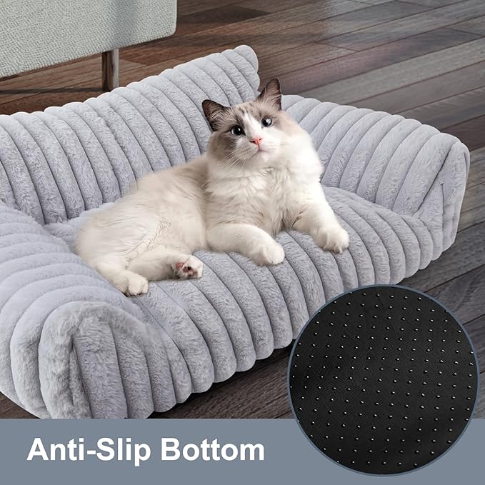 Cute Cat Couch Bed for Indoor Cats, Fluffy Pet Cat Sofa with Premium Soft Corduroy Fleece, Cute Small Dog Beds for Small Dogs, Fuzzy Puppy Chair with Removable Washable Cover (30x20x10,Grey)