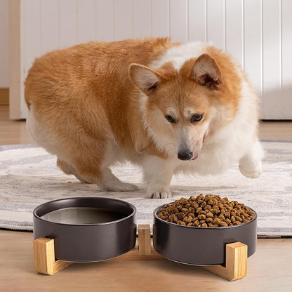 Black Ceramic Dog & Cat Bowl Set – 13.5 OZ with Wooden Stand, Non-Slip, Elevated Design for Small Dogs & Cats – 2 Bowls (Food & Water, Ceramic Pet Bowls, Modern Dog Bowls)