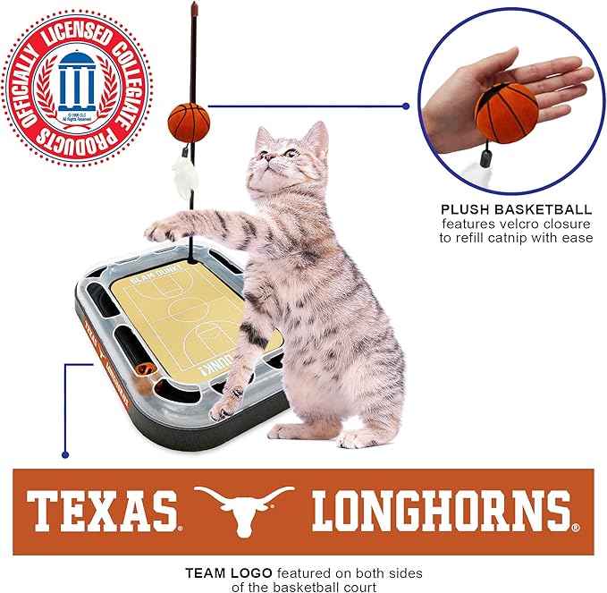 CATS SCRATCHER NCAA Texas Longhorns Basketball Court CAT Scratcher Toy with Catnip Filled Plush Basketball Toy & Feather Cat Toy Hanging, with Jingle Bell Interactive Ball Cat Chasing 5-in-1 Kitty Toy