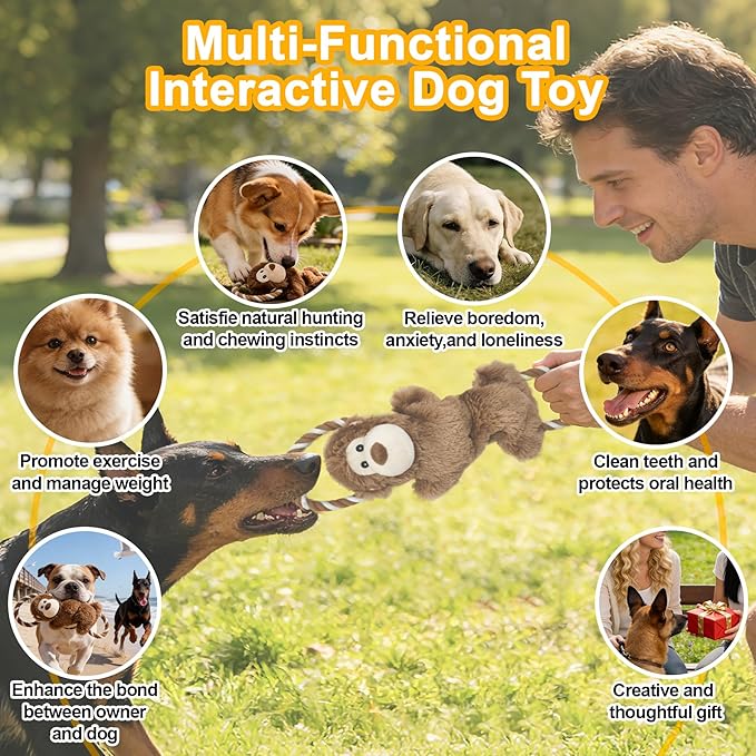 Monkey Plush Squeaky Dog Toy with Crinkle Paper Puppy Teething Chew Toy Cute Soft Funny Indoor Outdoor Interactive Tug of War Dog Rope Toy for Small Medium Large Dogs Toy Gift 39.5cm/15.55in