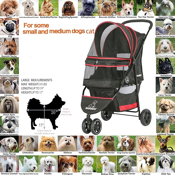 ROODO Escort 3 Wheel Dog Cat Pet Stroller for Small/Medium Dogs Cats Best Lightweight Foldable Portable Compact Jogger Travel All Terrain Pet Gear System Puppy Doggie Bunny Kitty Stroller(Black)