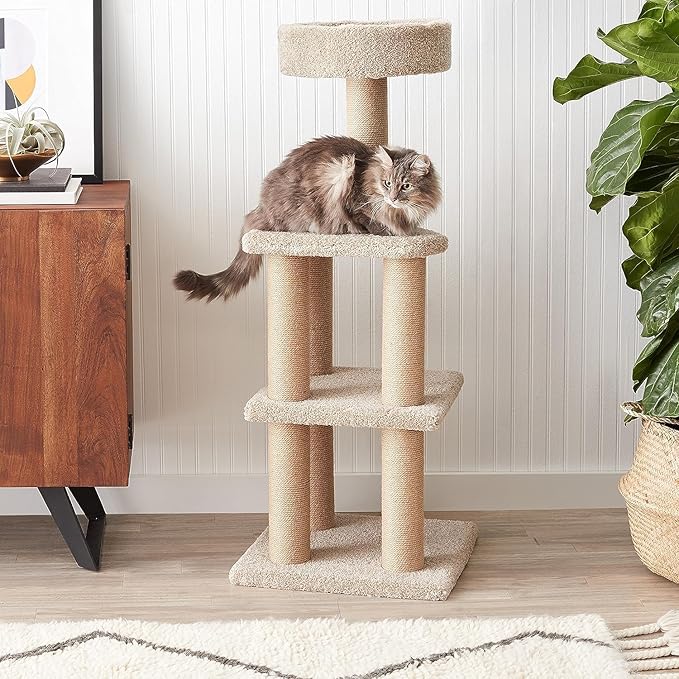 Amazon Basics Cat Tree Tower - Multi-Level Climbing Activity Center for Indoor Cats & Kittens with Scratching Posts, Platform, Jute Rope, Large (45.9"H), Beige