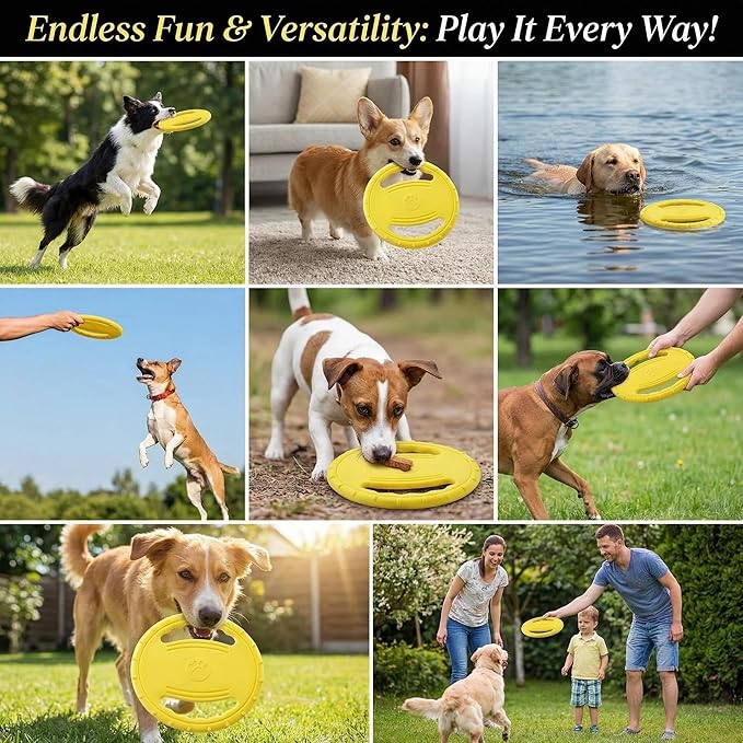 EVA Dog Flying Disc Toy, Durable Interactive Fetch with Dual Grip Holes, Non-Slip Floating Pet Toy for Small Medium Large Dogs, Outdoor Park Beach Play (Yellow)