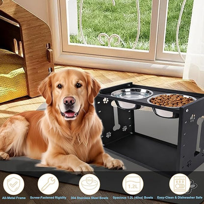 FORUP All-Metal Elevated Dog Bowls, Heavy Duty Cold-Rolled Steel Frame, 6-Height Adjustable Raised Feeder Stand with 2 Stainless Steel Bowls, Anti-Slip Rubber Feet for All Breeds (2.5"-12.2")