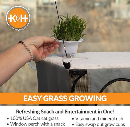 K&H Pet Products EZ Mount Cat Window Perch Penthouse Kitty Sill with Cat Grass Grow Station - 2 Level Hammock Window Bed for Indoor Pets, Home Grown Grass Toy for Bored Indoor Felines