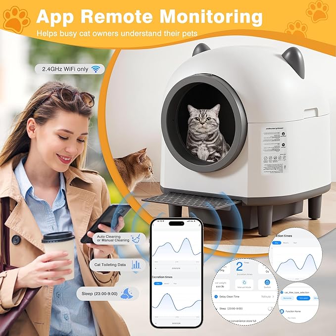 Self-Cleaning Automatic Litter Box with 80L Large Capacity for Multiple Cats, Features Odor-Free Waste Disposal, Safety Sensor, App Control via 2.4 GHz Wi-Fi, Includes 2 Roll Garbage Bags