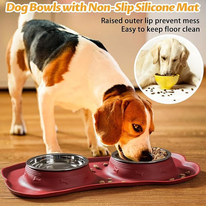 Hubulk Pet Dog Bowls 2 Stainless Steel Dog Bowl with No Spill Non-Skid Silicone Mat + Pet Food Scoop Water and Food Feeder Bowls for Feeding Small Medium Large Dogs Cats Puppies (Burgundy, Small)