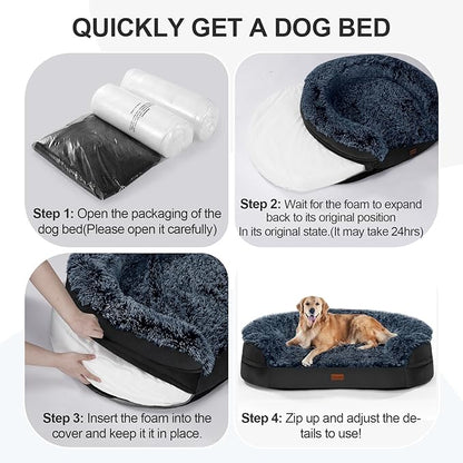 Black Dog Beds for Large Dog, 41" x 32.6" x 7.7", Removable and Washable Cover, Raised Reboundable Edges, Non Slip Bottom, Warm Plush, Orthopedic Oval Memory Foam Pet Bedding, Indoor