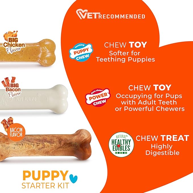 Nylabone New Puppy Starter Kit, 2 Chew Toys and 1 Natural Treat for Puppies, Puppy Teething Toy, Bacon & Chicken Flavor, Small Dogs - Up to 25 lbs., 3 Pack
