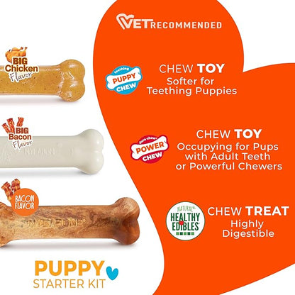 Nylabone New Puppy Starter Kit, 2 Chew Toys and 1 Natural Treat for Puppies, Puppy Teething Toy, Bacon & Chicken Flavor, Small Dogs - Up to 25 lbs., 3 Pack