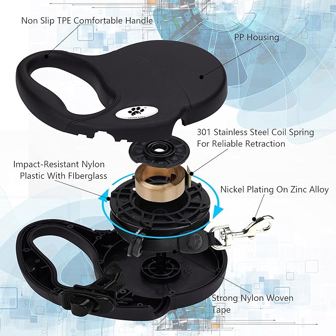 16 ft Retractable Dog Leash for Large Dogs up to 44 lbs,Tangle-Free Nylon Tape,Black M