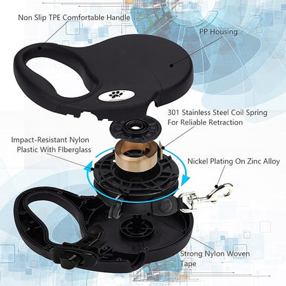 16 ft Retractable Dog Leash for Large Dogs up to 110 lbs,Tangle-Free Nylon Tape,Black L