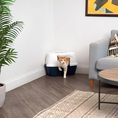 IRIS USA Corner Cat Litter Box - Enclosed Corner Litter Box with Scoop, Hooded Litter Tray for Corners, Space-Saving Covered Litter Box, Odor Defensive, Navy/White