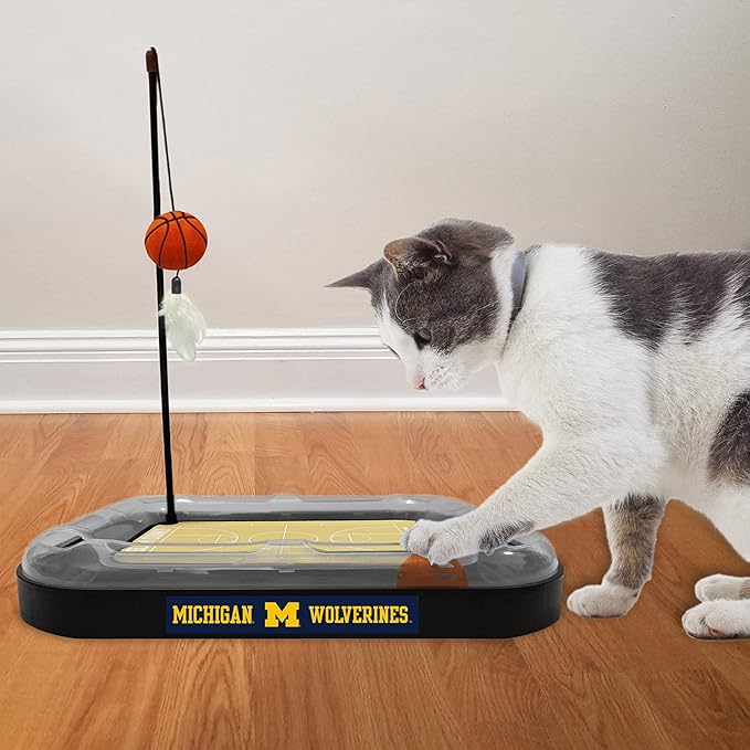 Cat Scratch Toy NCAA Michigan Wolverines Reversible Basketball Court Felt/Cardboard Cat Scratcher Toy. Interactive Cat Ball Bell in Tracks. 6-in-1 CAT Toy Cat Wand Poll Catnip-Filled Plush Basketball