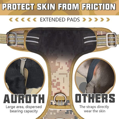 Auroth Tactical Dog Harness for Large Dogs No Pull Adjustable Pet Harness Reflective Working Training Easy Control Pet Vest Military Service Dog Harnesses Desert Camo XL