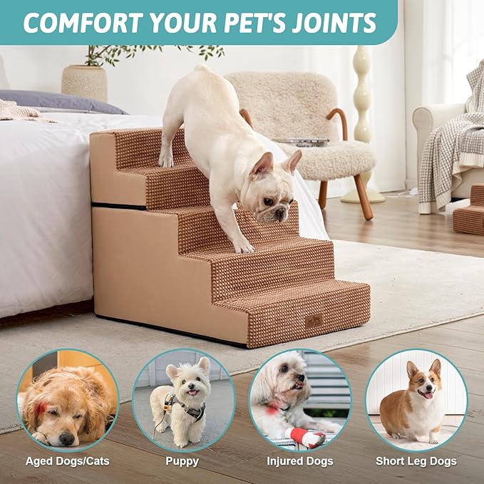 Dog Stairs with Detachable Zipper, 19.7" Extra Wide Right-Angle Pet Stairs for Bed, Anti-Slip Dog Steps for Lowrider and Elderly Cats with Support Board, 19.7x29.5x23.6 inch, Light Brown