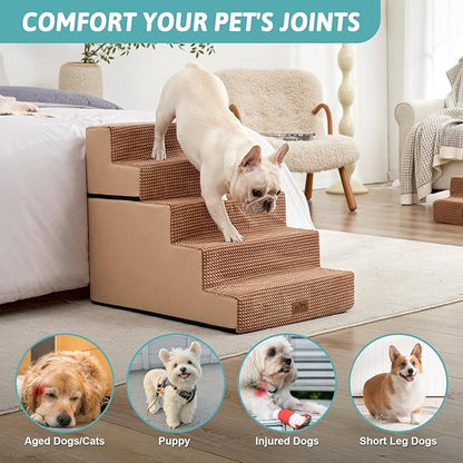 Dog Stairs with Detachable Zipper, 19.7" Extra Wide Right-Angle Pet Stairs for Bed, Anti-Slip Dog Steps for Lowrider and Elderly Cats with Support Board, 19.7x29.5x23.6 inch, Light Brown