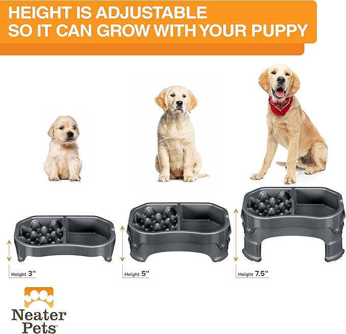 Neater Pet Brands – Neater Raised Slow Feeder Dog Bowl – Elevated and Adjustable Food Height - (Double Diner, Gunmetal)
